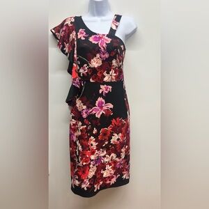 VENUS One-Shoulder Dress with Red and Pink Floral Pattern